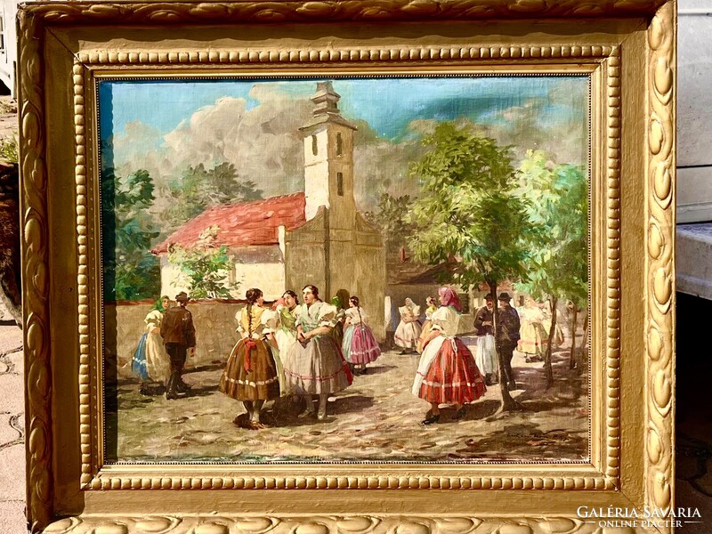 GYERTYÁNYI NÉMETH GYULA NAGYMÉRETÜ VIDÁM SZÍNES ÉLETKÉP 60x80cm