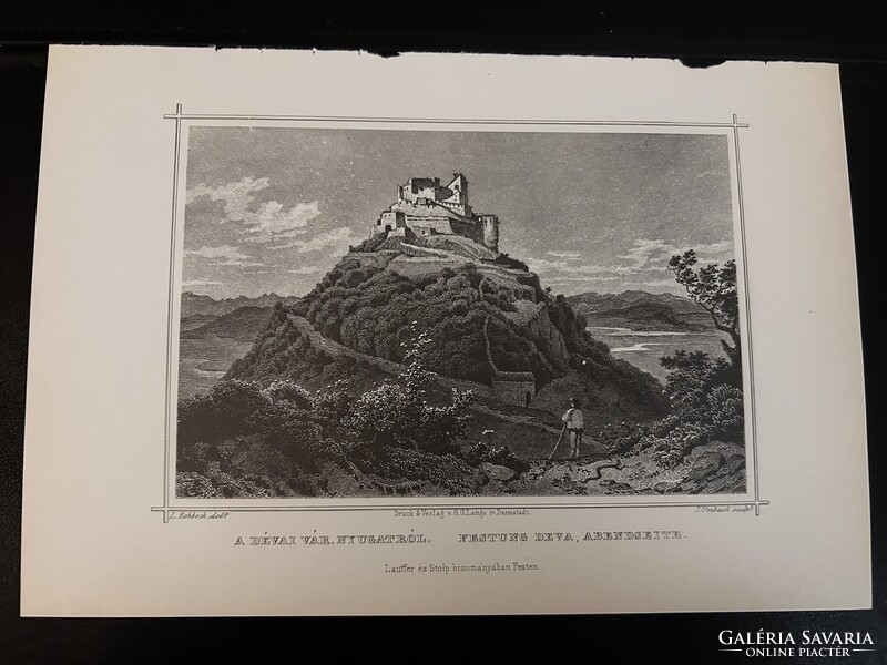 A dévai vár nyugatról - Hunfalvy - Rohbock acélmetszet, reprint, Erdély, Románia