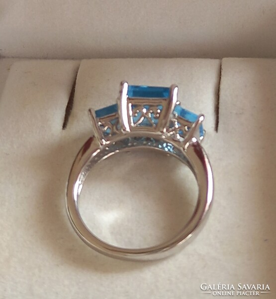 56 os 5.3gm Valodi kek Topaz 925 Ezust 14k Fehér aranyozásù Gyuru