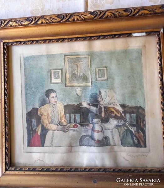 Fényes Adolf: Látogatás. Színezett rézkarc szakvéleménnyel