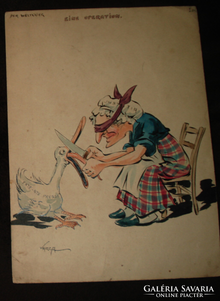 Antik Varga Imre karikatúra tus, akvarell Der Weltkrieg - Eine Operation 21,5x30 cm