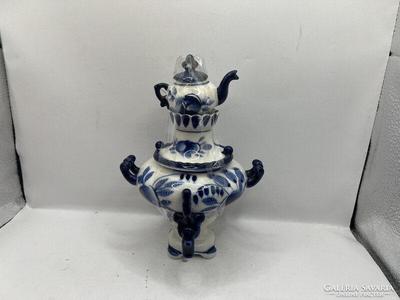 Retró kézzel készített orosz porcelán GZHEL SZAMOVÁR cukortartó,20x13cm.7289