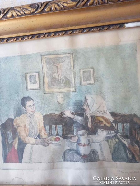 Fényes Adolf: Látogatás. Színezett rézkarc szakvéleménnyel