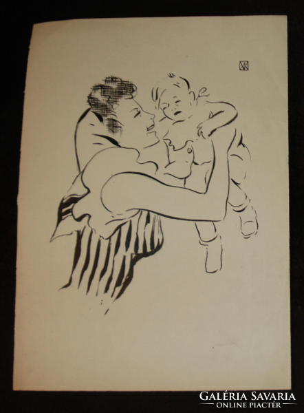 Hont Varsányi Ferenc eredeti tusrajz, reklámterv/?/ nő kisgyermekkel 21x29,5 cm