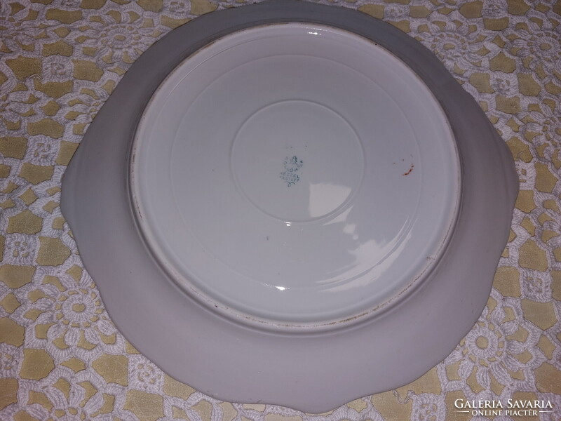 Régi Hollóházi gyönyörű rózsamintás porcelán füles tortás, kínáló, süteményes tál, jelzett kézzel fe