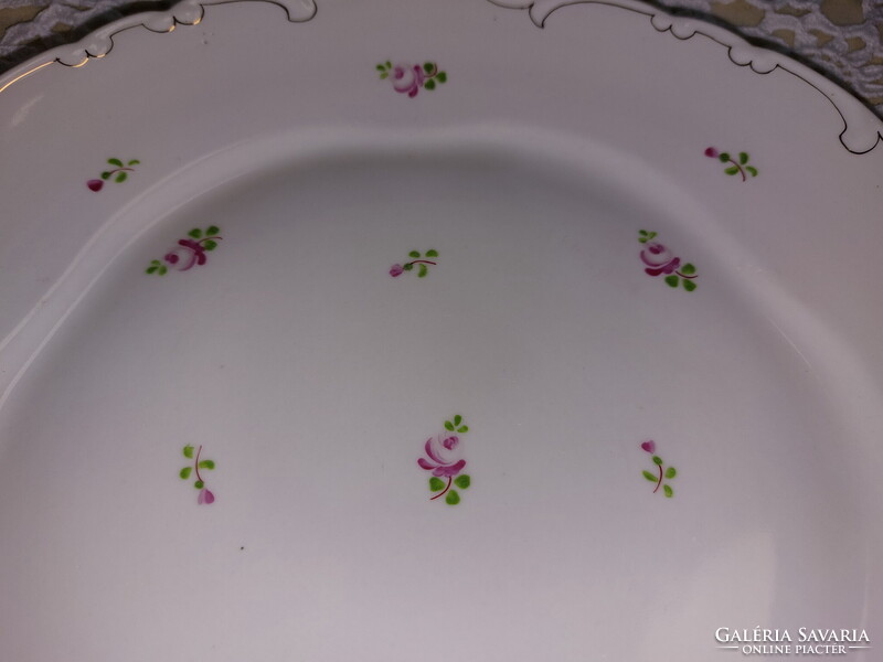 Régi Hollóházi gyönyörű rózsamintás porcelán füles tortás, kínáló, süteményes tál, jelzett kézzel fe