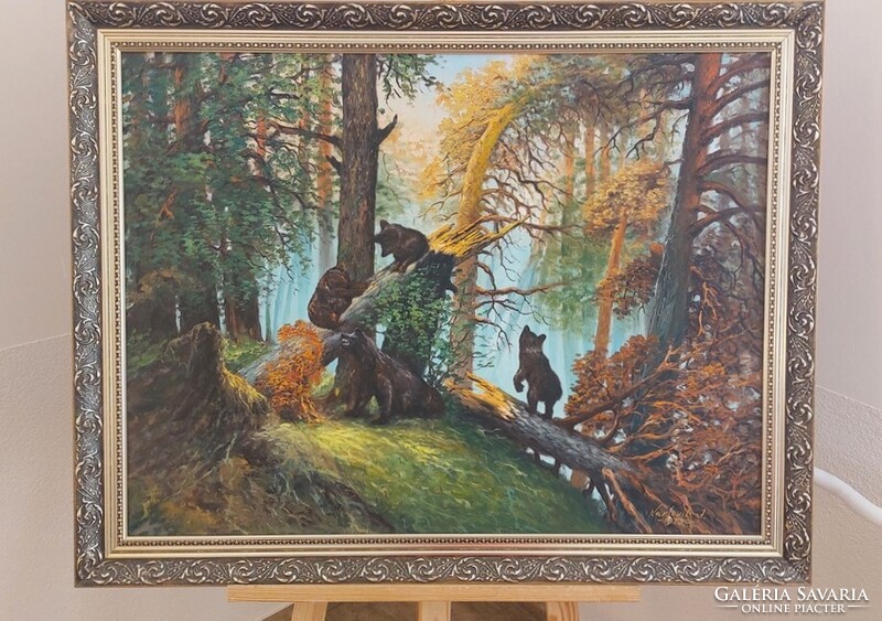 Karlovits erdei tájkép festmény macikkal  90X70 cm kerettel