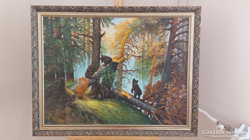Karlovits erdei tájkép festmény macikkal  90X70 cm kerettel