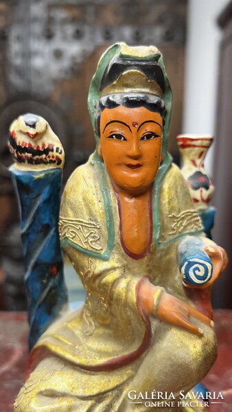 Antik Kuan Yin fa faragott aranyfestésű szobor, keleti, ázsiai, japán