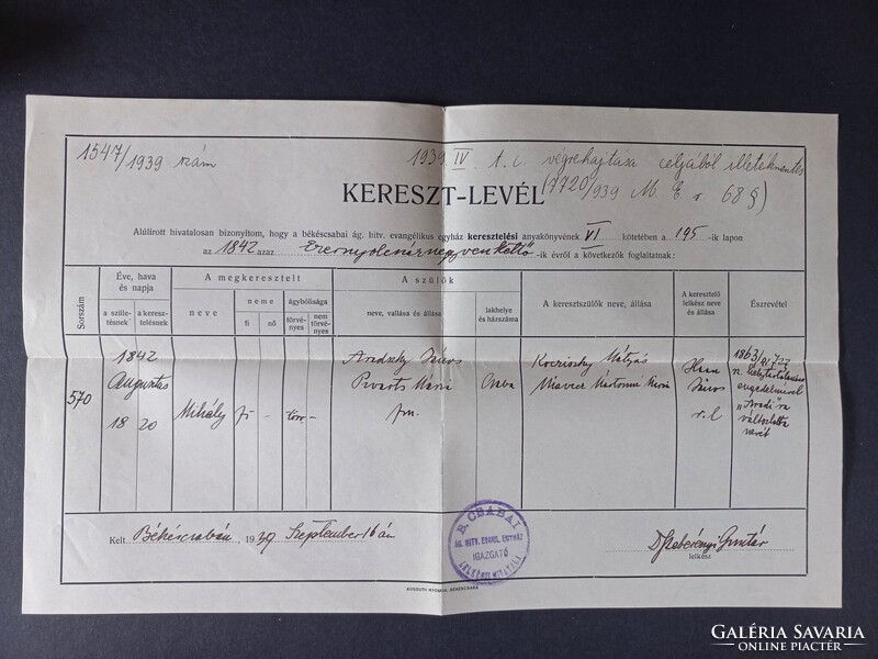 Keresztlevél 1939-es másolata Békéscsabán kiállítva