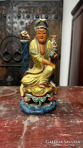 Antik Kuan Yin fa faragott aranyfestésű szobor, keleti, ázsiai, japán