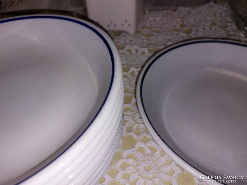 Zsolnay menzás, kék csíkos porcelán adagtál, tányér,