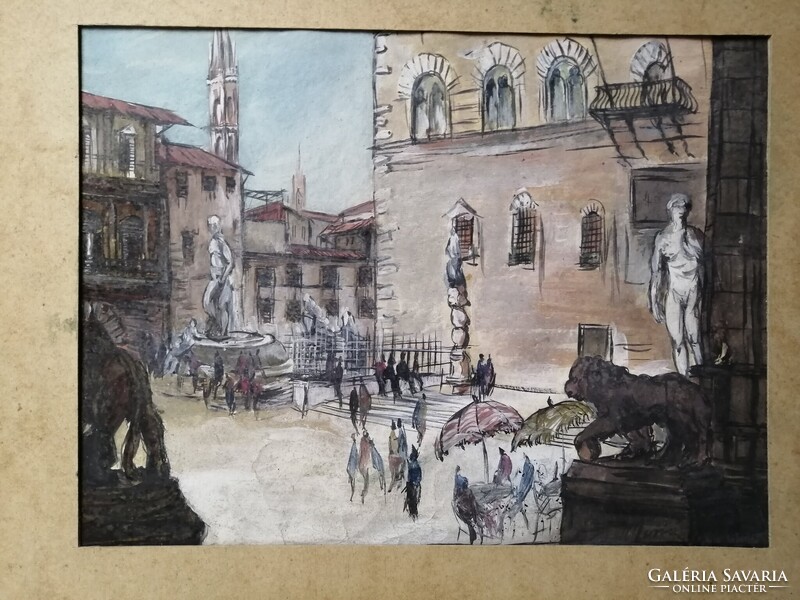 MARIO CARRARO /1896-1977/ AKVARELL - FIRENZE, PIAZZA DELLA SIGNORIA
