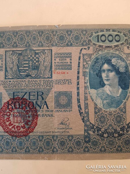 1000 korona 1902-ből, ezer koronás bankjegy, Magyar felülbélyegzéssel