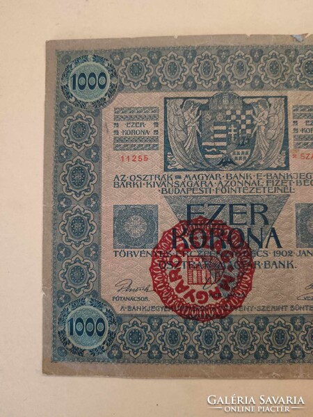 1000 korona 1902-ből, ezer koronás bankjegy, Magyar felülbélyegzéssel