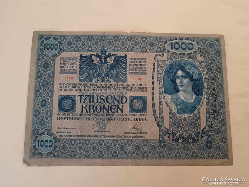 1000 korona 1902-ből, ezer koronás bankjegy, Magyar felülbélyegzéssel