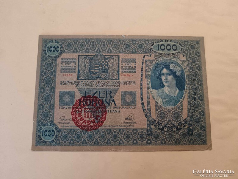 1000 korona 1902-ből, ezer koronás bankjegy, Magyar felülbélyegzéssel