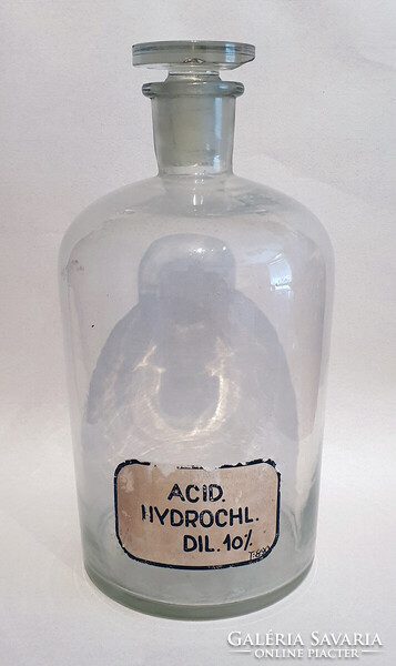 Antik, nagyméretű, vegyszeres laborüveg, patikai üveg, eredeti címkével. 3 literes, 28 cm magas
