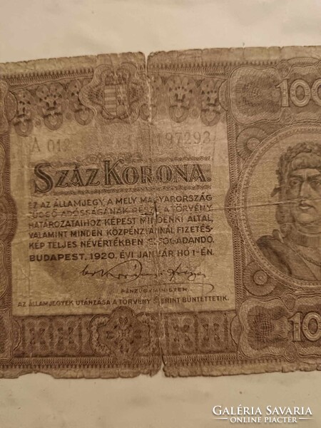 100 korona 1920-ból, elég viseltes állapotban