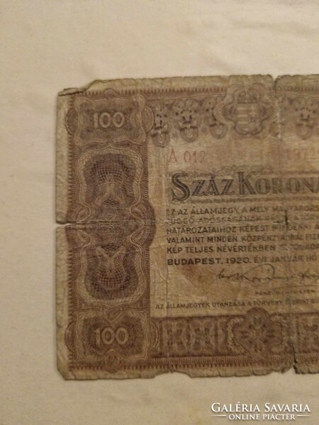 100 korona 1920-ból, elég viseltes állapotban