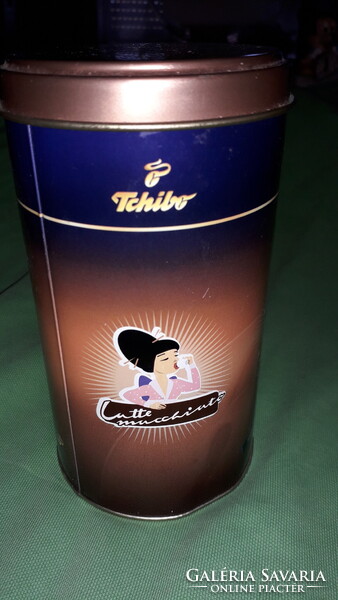 Retro fém lemez TCHIBO kávés színes HIBÁTLAN kör kávé tároló díszudoboz 16 x 8 cm a képek szerint