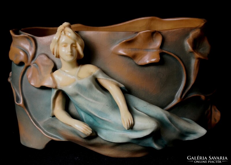 DT/456 – Bernard Bloch Manufaktúra – Gyönyörű szecessziós majolika kaspó, kínáló