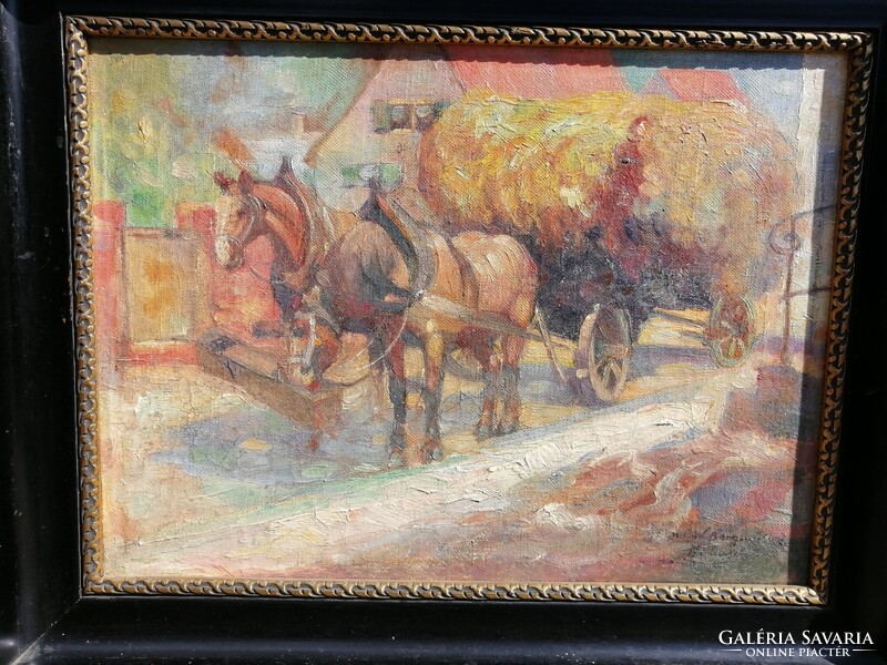 KARL WILHELM BERGMÜLLER /1864-1928/ NÉMET FESTŐMŰVÉSZNEK TULAJDONÍTVA - LOVAS SZEKÉR, SZÉNÁSKOCSI