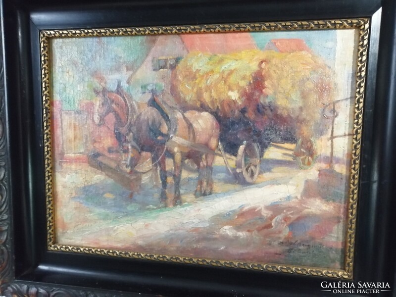 KARL WILHELM BERGMÜLLER /1864-1928/ NÉMET FESTŐMŰVÉSZNEK TULAJDONÍTVA - LOVAS SZEKÉR, SZÉNÁSKOCSI