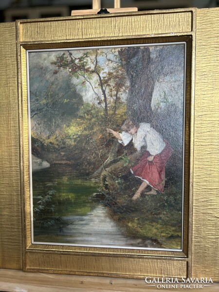 Neogrády antal (1861-1942): girl stepping into a stream