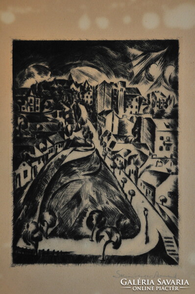 Schönberger Armand (1885-1974): Városi látkép, rézkarc