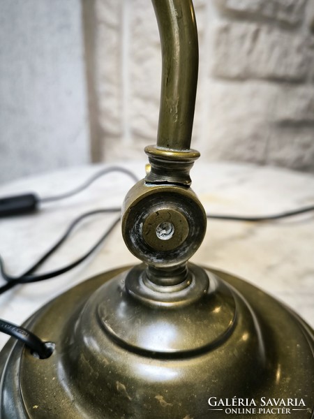 Antik asztali lámpa,Réz làmpa zöld zomànc búràs .