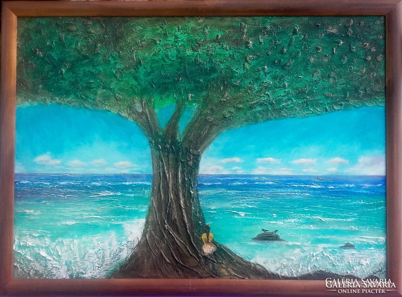 Csendes-óceán. 70x100 cm-es zománckép.  Károlyfi Zsófia Prima díjas művész alkotása tanúsítvánnyal.