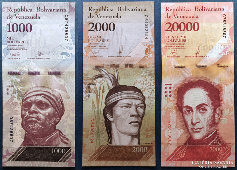 Venezuela 1000 + 2000 + 20000 Bolivares 2016, 2017, UNC.