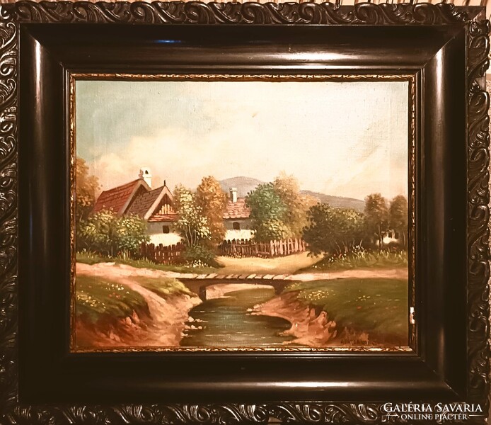 1 ft-ról indul! Apátfalvi Czene János (1904-1984) Falusi utcakép. Olaj/vászon. 40x50cm plusz keret!