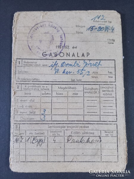1951/52 évi Gabonalap - ifj. Dombi József  Mezőberény község Tanácsa pecséttel