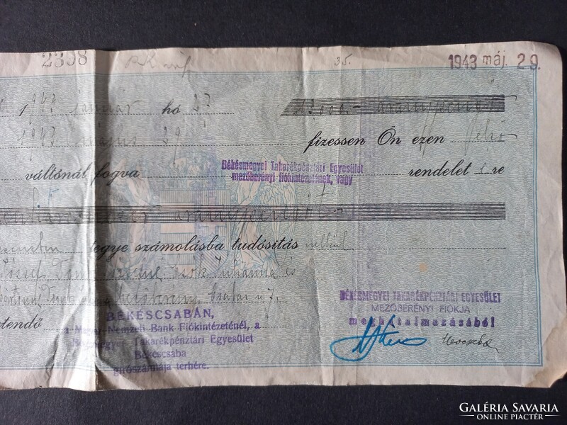 Váltó 15 pengő - Bekebelezett váltó - Mezőberény 1943. Békésmegyei Takarékpénztár Egyesület