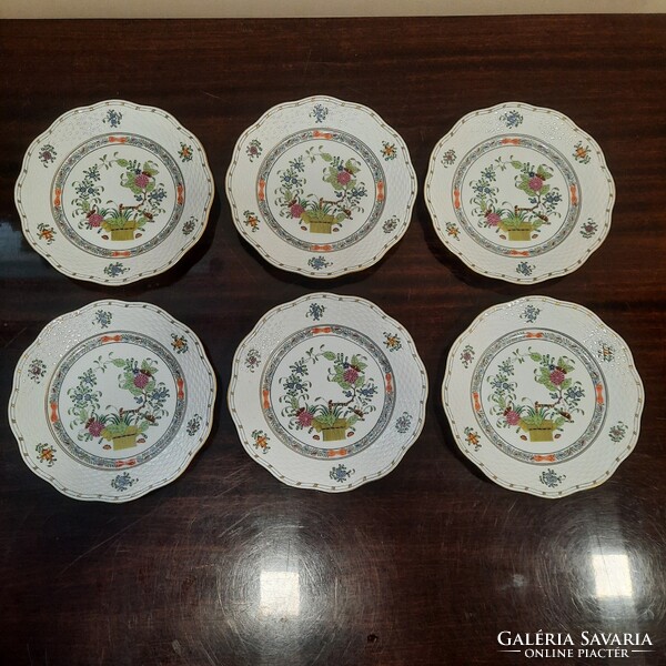 6 db Herendi színes Indiai kosármintás porcelán süteményes tányér készlet