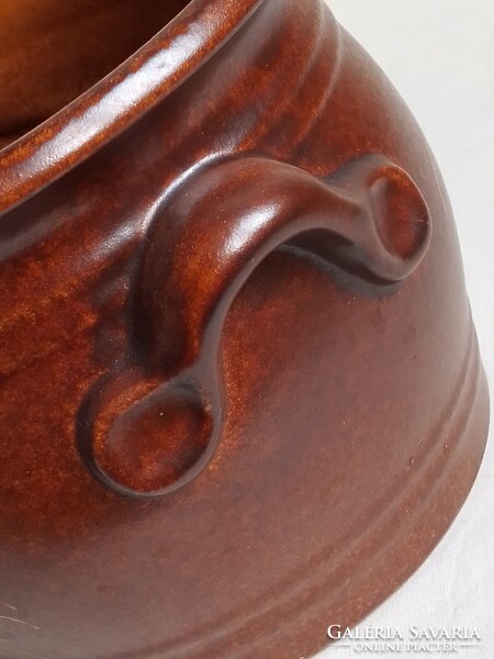 Régi retro nagy német barna mázas kerámia fajansz kőagyag? kaspó füles csupor fazék tároló 23cm