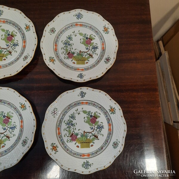 6 db Herendi színes Indiai kosármintás porcelán süteményes tányér készlet