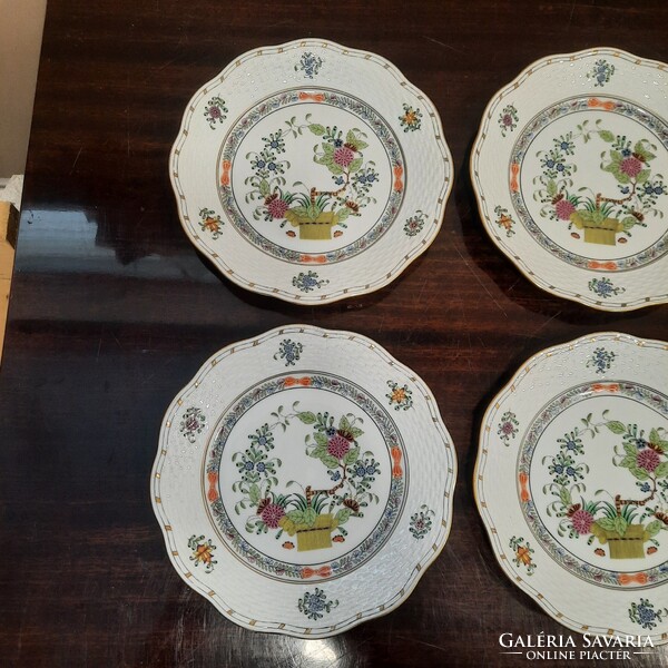 6 db Herendi színes Indiai kosármintás porcelán süteményes tányér készlet