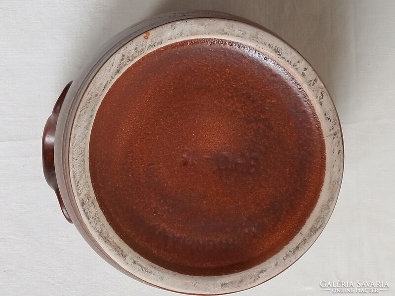 Régi retro nagy német barna mázas kerámia fajansz kőagyag? kaspó füles csupor fazék tároló 23cm