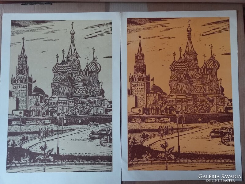 2 darab szignózott  linómetszet,  Moszkva,  Takács Zoltán