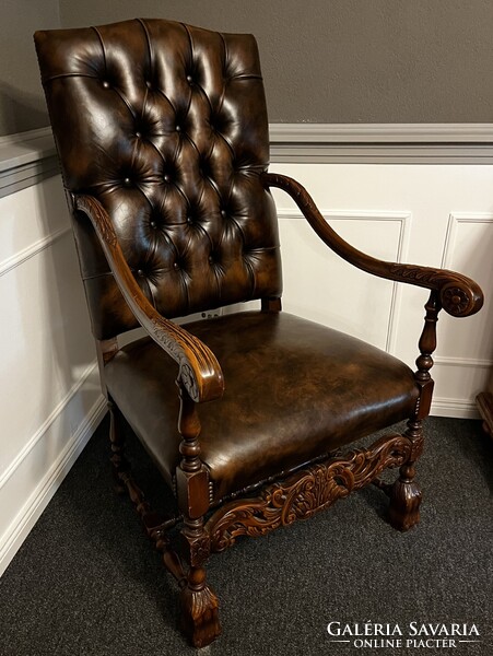 Gyönyörű , antik, neoreneszánsz,  bőr  fotel -karosszék- trónszèk !