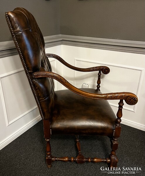 Gyönyörű , antik, neoreneszánsz,  bőr  fotel -karosszék- trónszèk !