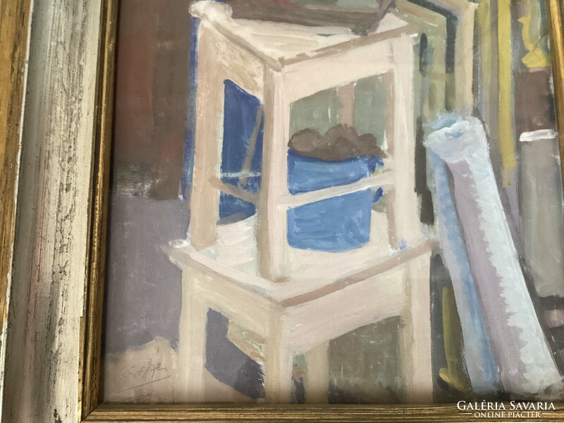 Vörös Géza ( 1897 - 1957 ) , Műtermi csendélet Nagybányán , hokedlikkel .