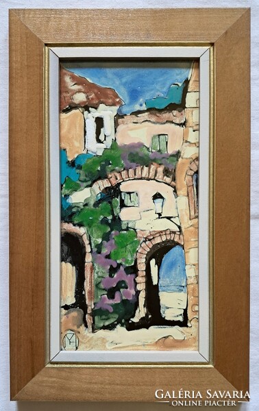 Fehér Margit "Mediterrán utcarészlet I." c. keretezett tűzzománca ingyen postával