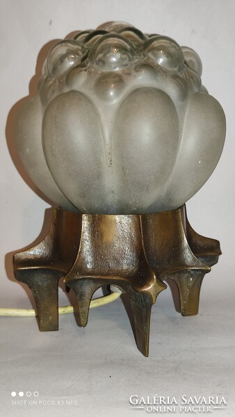 Vintage Pap Zoltán  brutalista bronz asztali lámpa Helena Tynell üveg burával