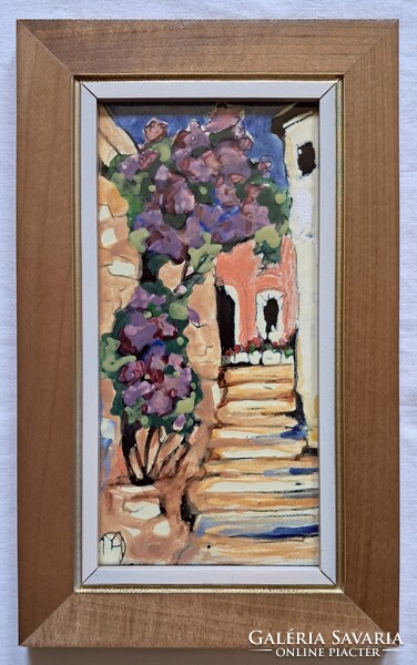 Fehér Margit "Mediterrán utcarészlet II." c. keretezett tűzzománca ingyen postával