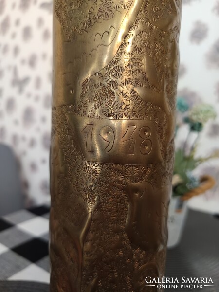 Régi Réz Töltényhüvely Hadifogoly Váza Háborús Emlék ágyúhüvely váza