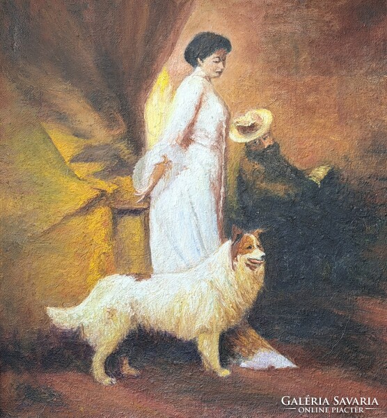 SZALONJELENET 1900 KÖRÜL! olaj-vászon, szignózott, 78x70 cm - Elegáns nő kutyával, kalapos férfivel